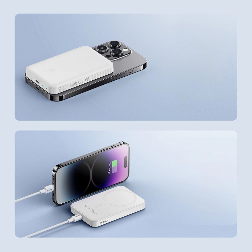 Baseus Magnetic Wireless Charging - magnetyczny powerbank kompatybilny z MagSafe 6000mAh 20W USB-C, + kabel USB Typ C 20W, ok 36 cm. Biały.